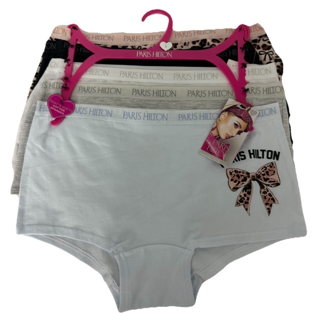 Paris Hilton Women's Boyshort Panties 5 Pack Cotton Spandex Size L New